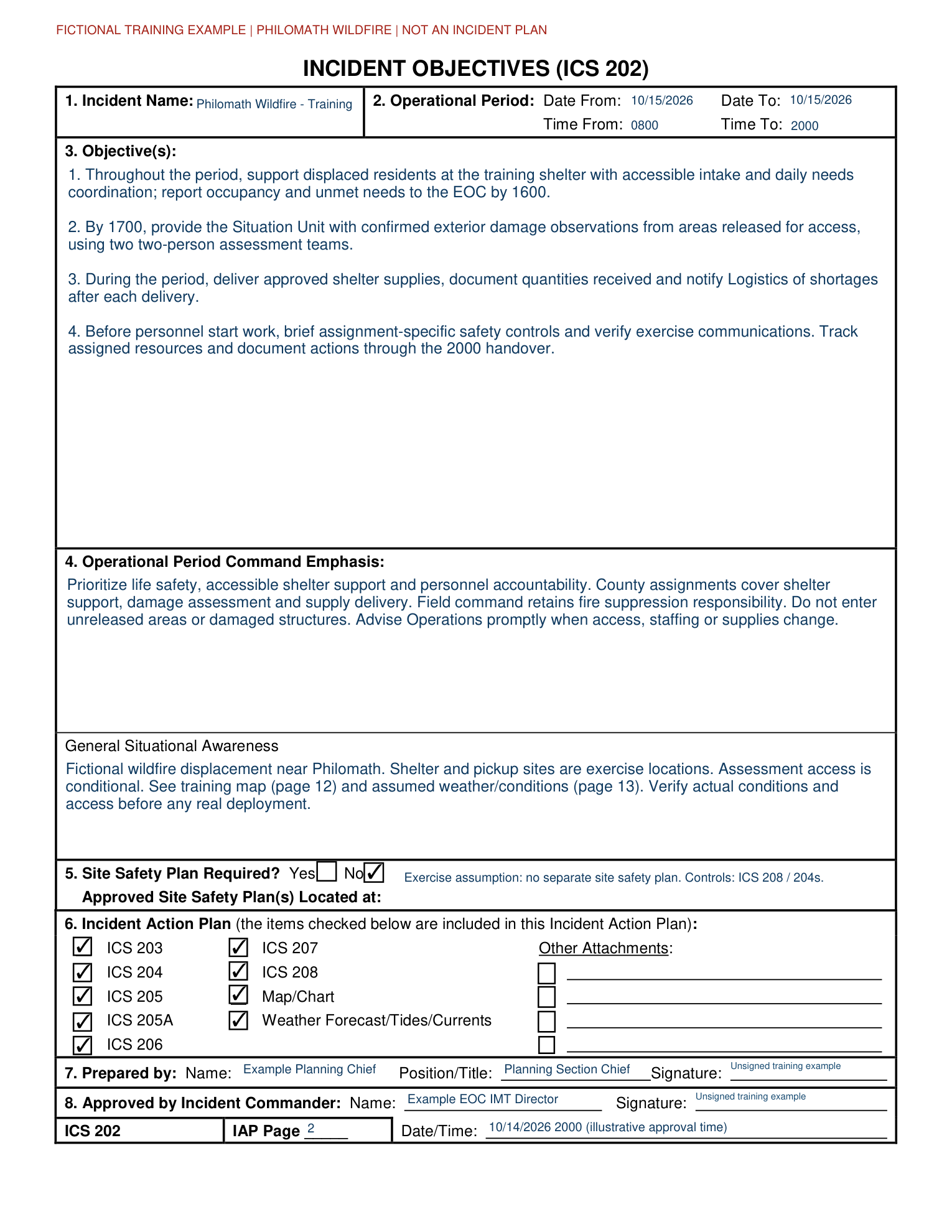 Completed fictional ICS 202; all filled entries are available in the text version below.